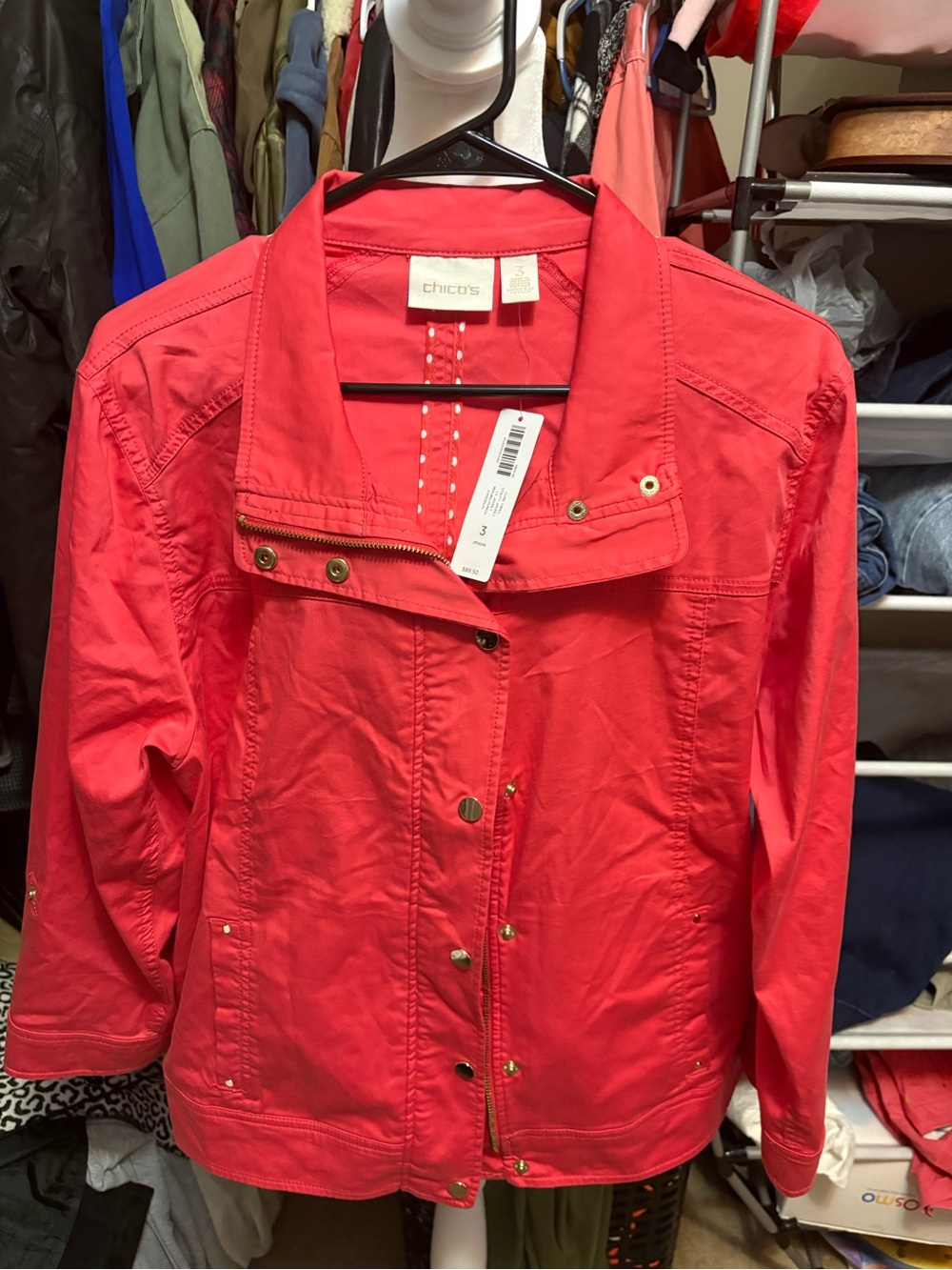 New Chico's Coral Pink Utility Jacket with Gold-Tone Hardware